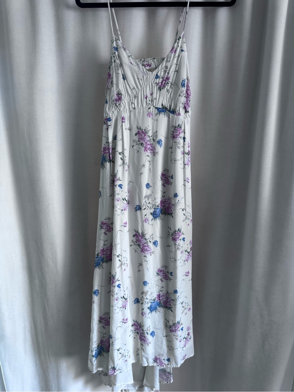 Leyden White Floral Midi Dress with Blue and Purple Blossoms